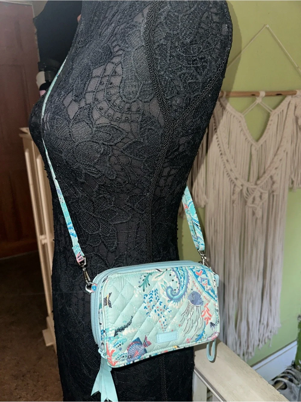 Vera Bradley Quilted Sea Life Crossbody in Light Aqua and Coral Accents